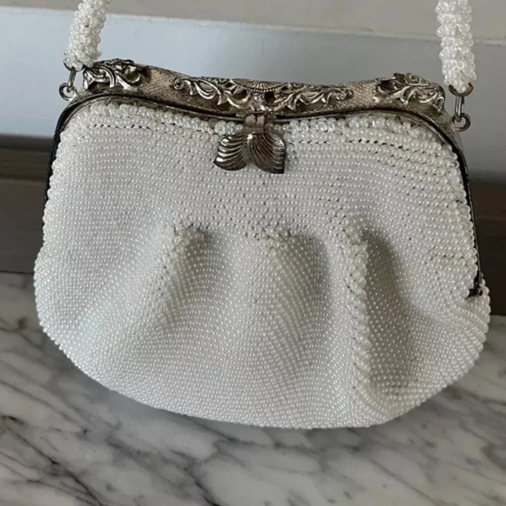 White Pearl Beaded Purse Evening Bag Clutch Silver Frame Clasp Vintage 50s 60s
